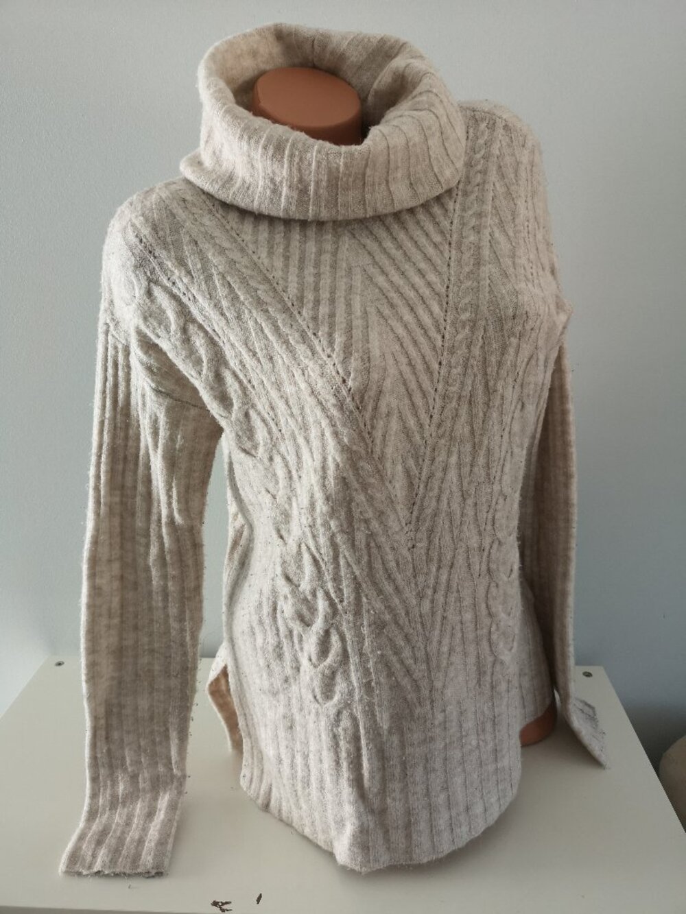 Dex Loose Fit Cowl Neck Cable Knit Sweater Cream Marled